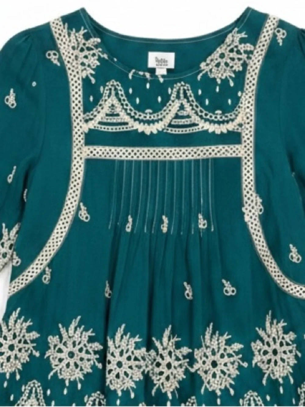 Ivy Jane Boho Embroidered Eyelet Detail 3/4 Sleeve Dress Emerald Green Size XS - Picture 4 of 8